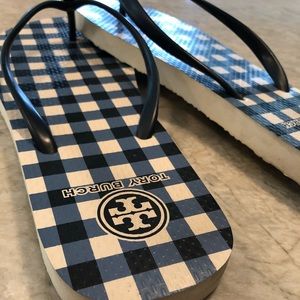 Tory Burch Navy Blue/White Gingham Flip Flops Sz 9